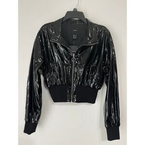 Forever 21 cropped black vinyl jacket sz S glam streetwear sleek clubcore